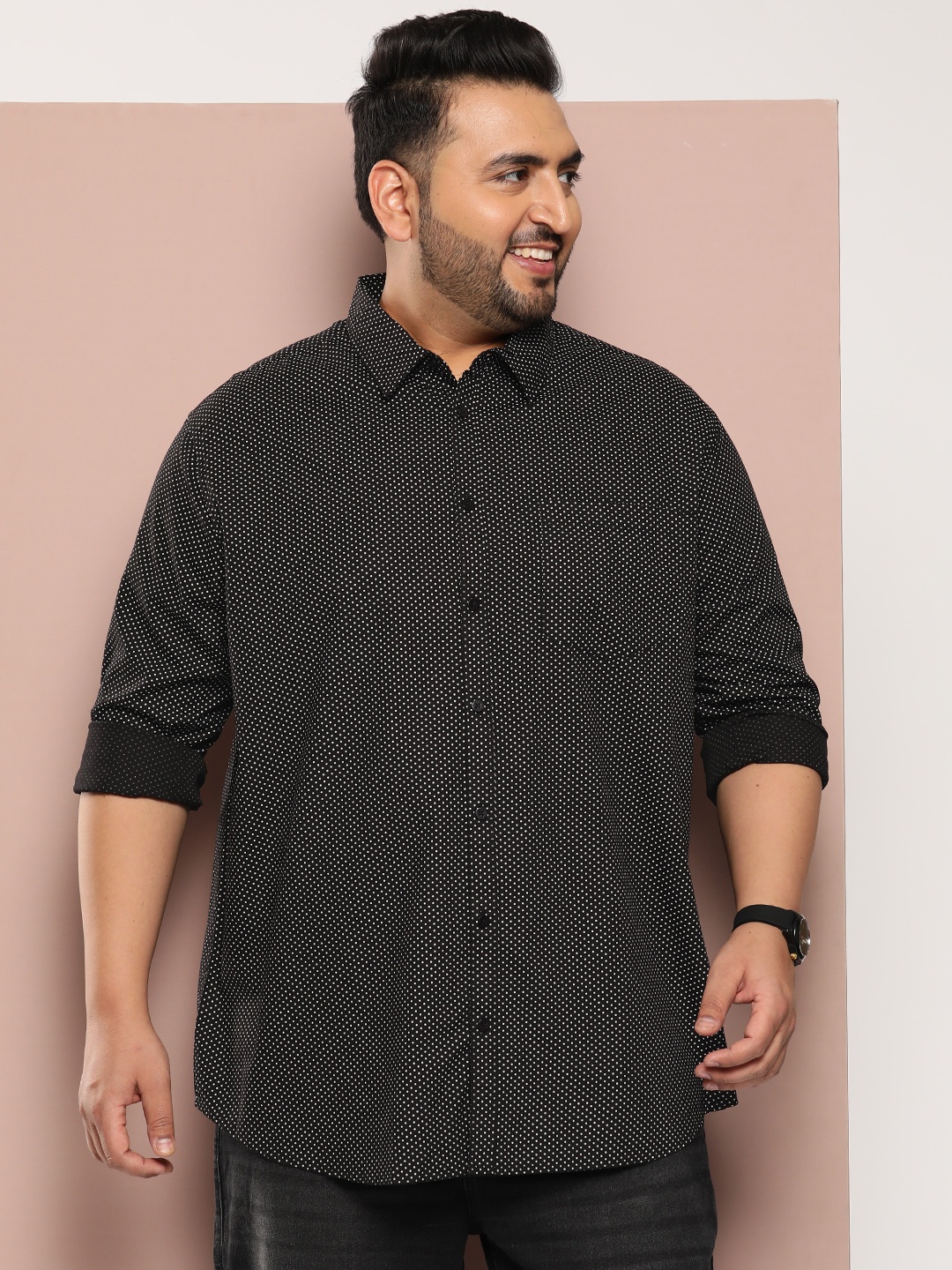 

Sztori Men Plus Size Classic Polka Dot Printed Pure Cotton Casual Shirt, Black