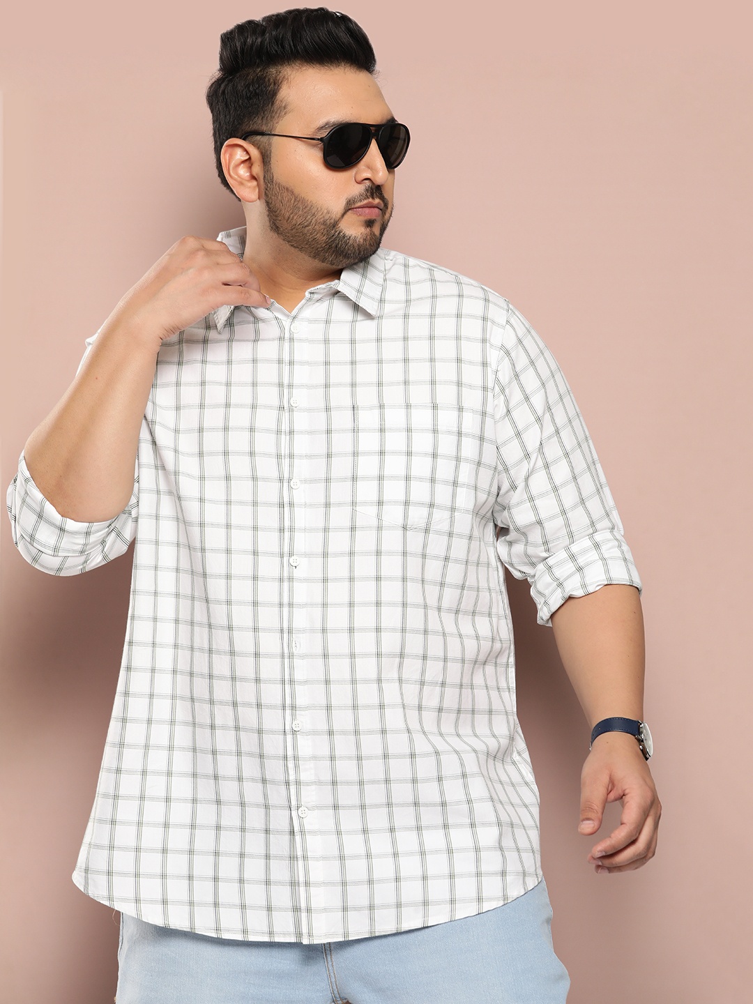 

Sztori Men Plus Size Classic Checked Pure Cotton Casual Shirt, White