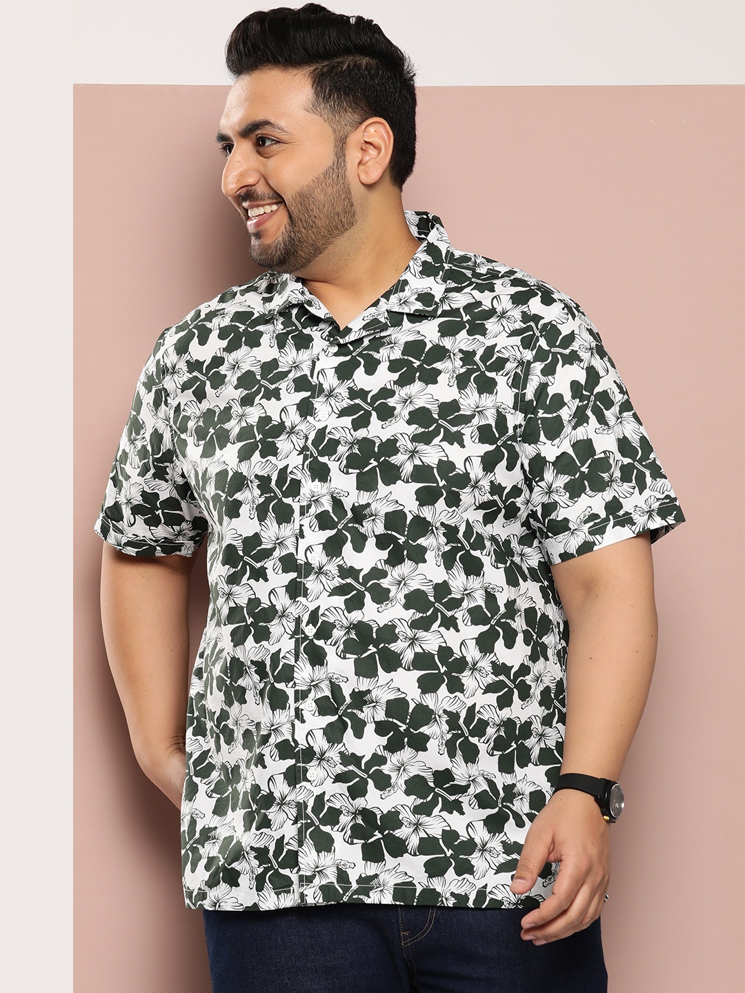 

Sztori Men Plus Size Comfort Floral Printed Pure Cotton Casual Shirt, White