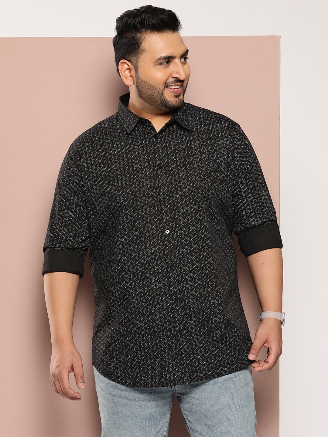 

Sztori Men Plus Size Classic Printed Pure Cotton Casual Shirt, Black