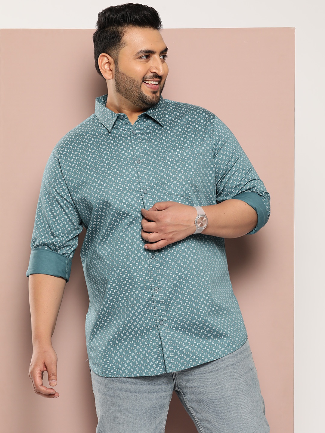 

Sztori Men Plus Size Classic Printed Pure Cotton Casual Shirt, Teal