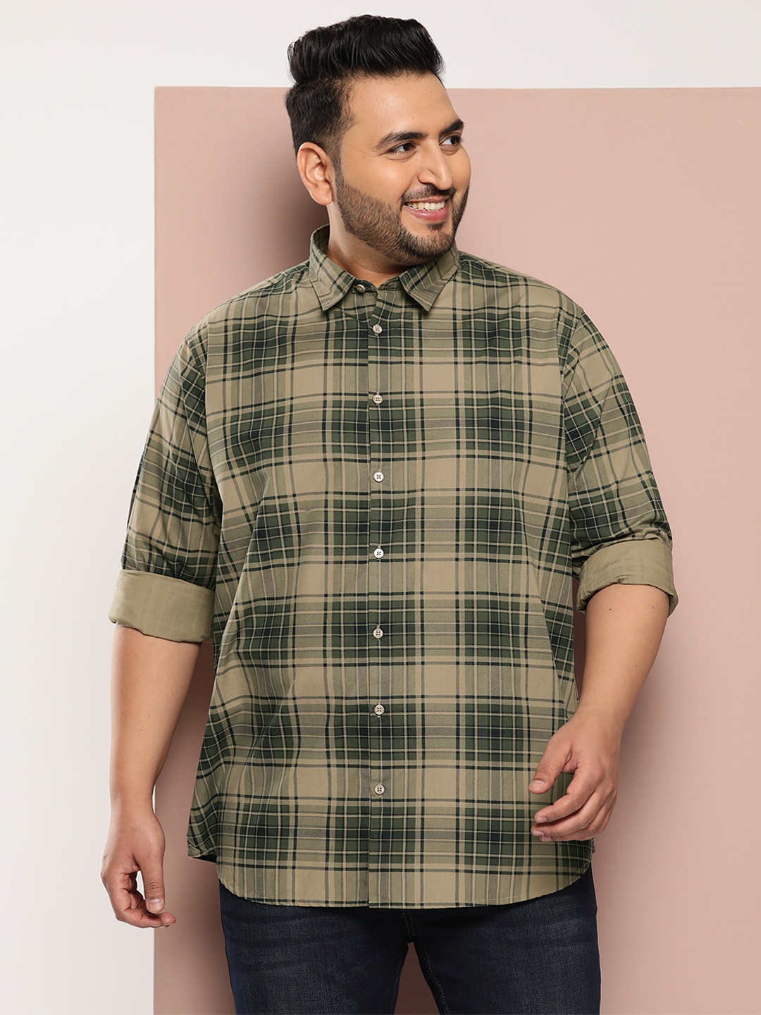 

Sztori Men Plus Size Classic Checked Pure Cotton Casual Shirt, Brown