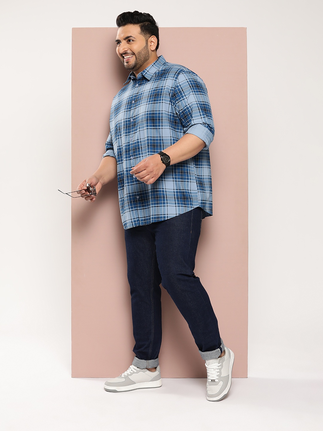 

Sztori Men Plus Size Classic Checked Pure Cotton Casual Shirt, Blue