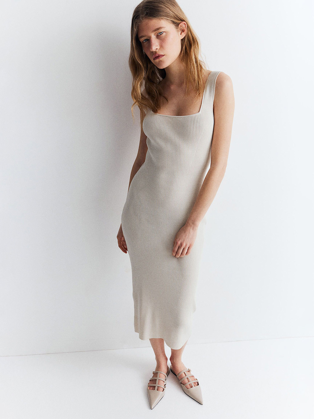 

H&M Sleeveless Rib-Knit Bodycon Dress, Beige