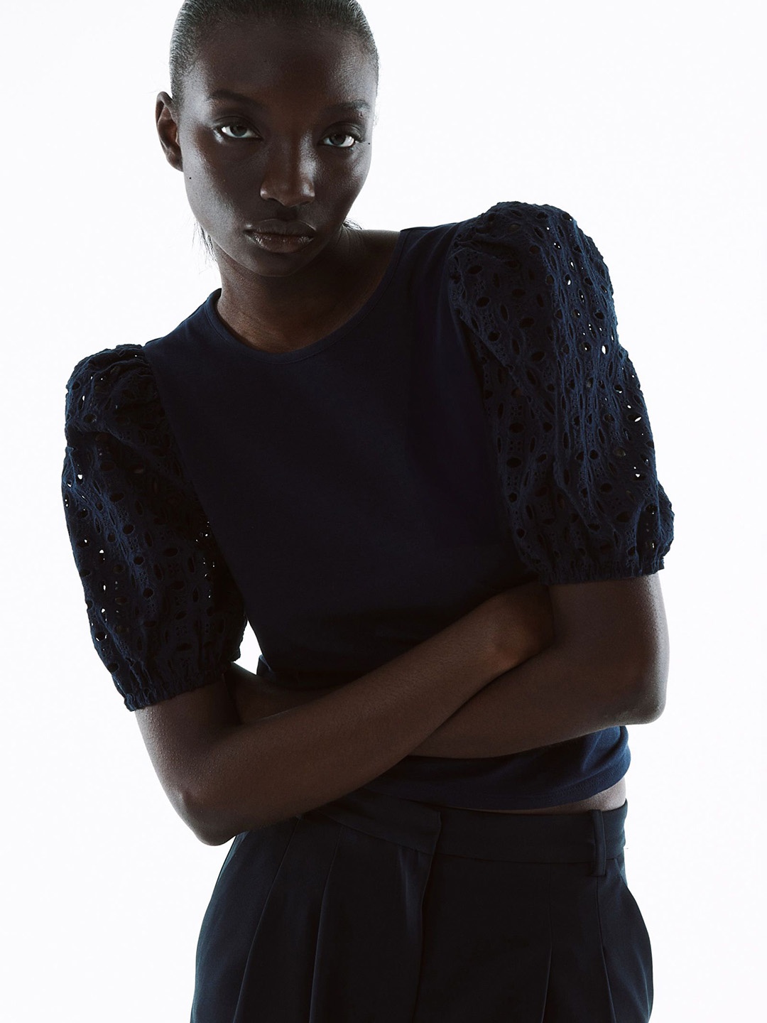 

H&M Puff-Sleeved Top, Navy blue