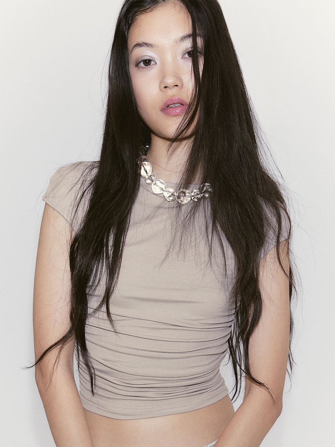 

H&M Gathered Cap-Sleeved Top, Beige