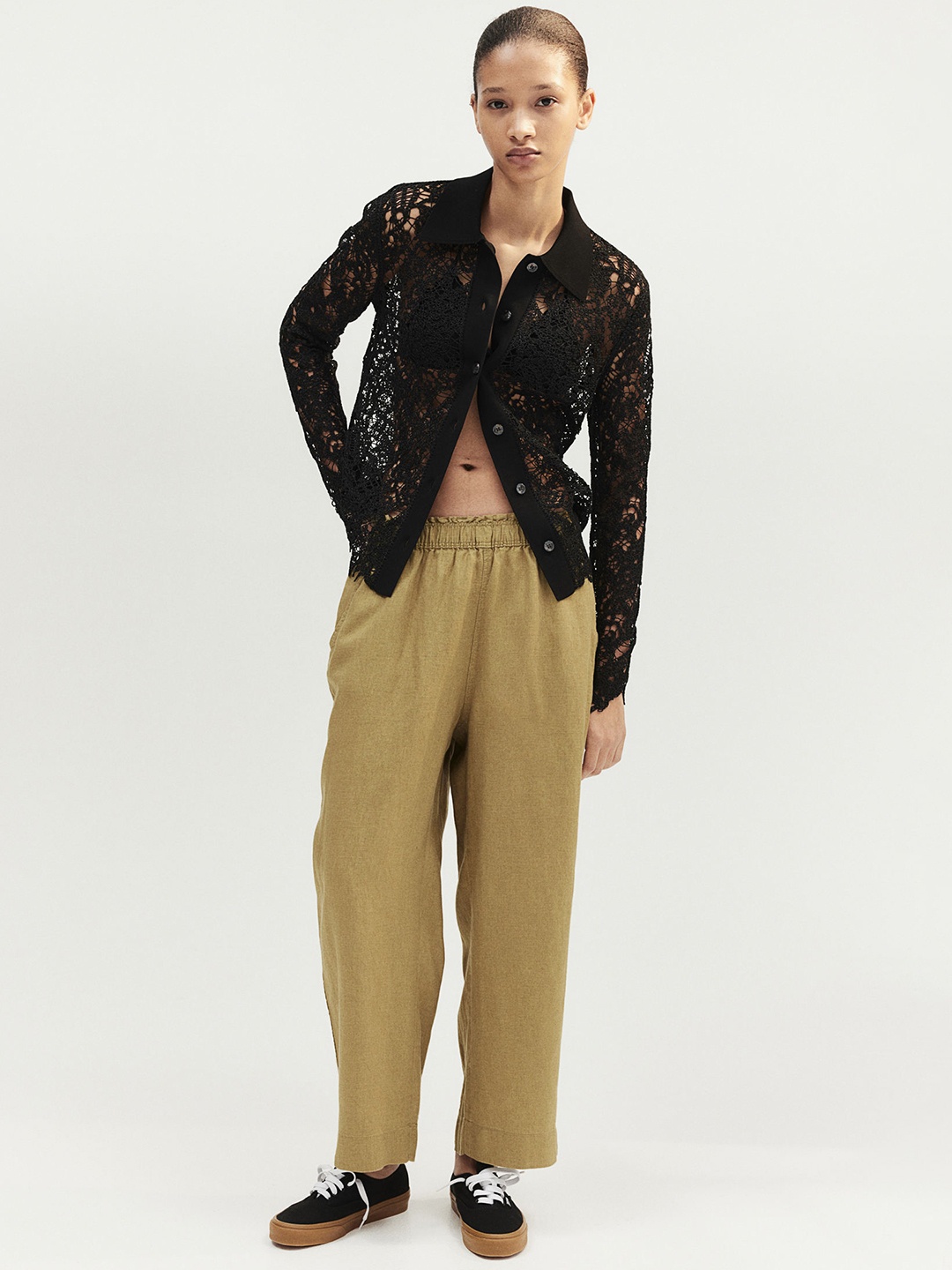 

H&M Women Ankle-Length Linen Trousers, Olive
