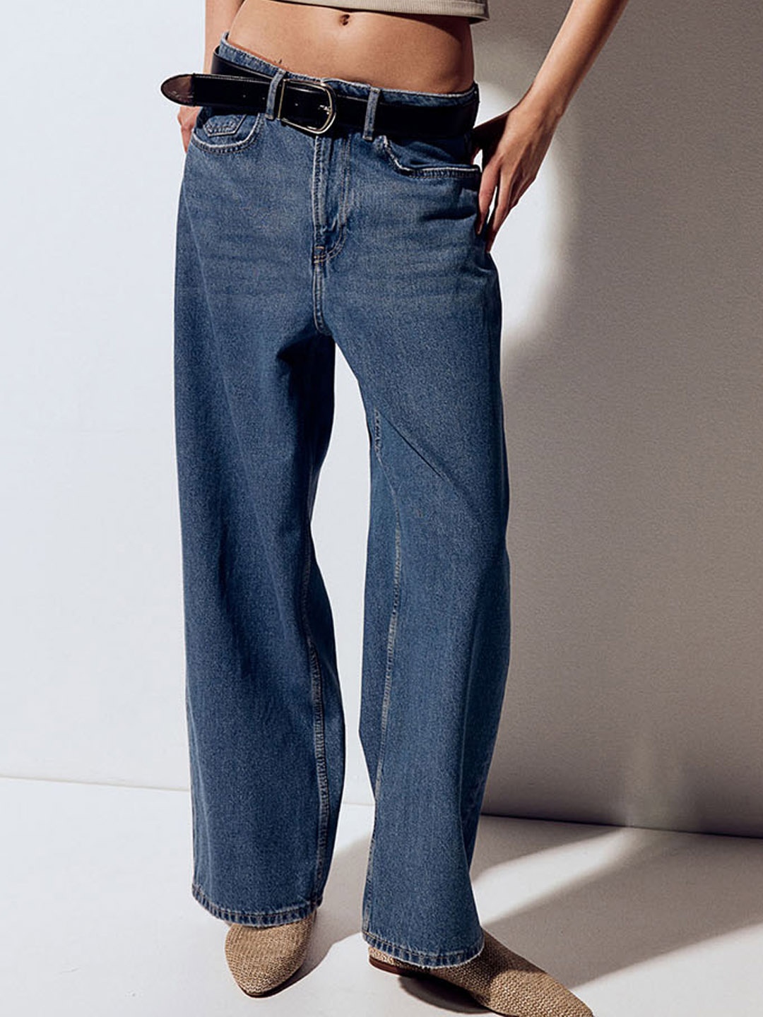 

H&M Women Pure Cotton Baggy Low Jeans, Blue