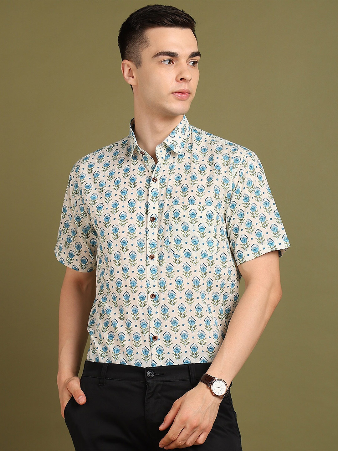 

FUBAR Slim Fit Printed Spread Collar Short Sleeves Cotton Casual Shirt, Teal