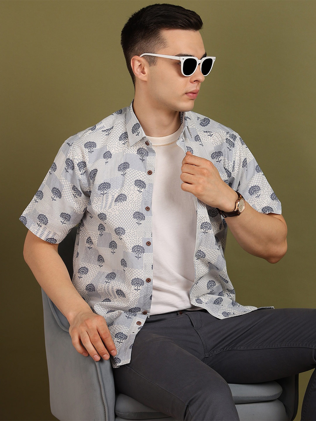 

FUBAR Slim Fit Floral Printed Spread Collar Short Sleeves Cotton Casual Shirt, Grey