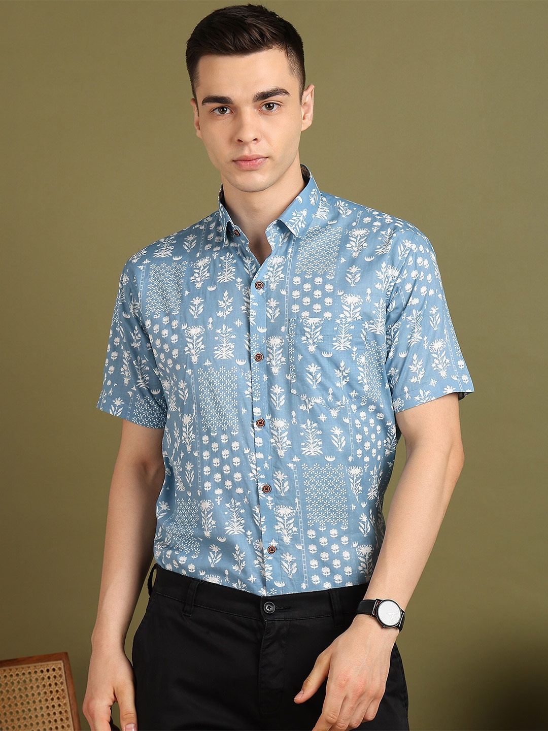 

FUBAR Slim Fit Floral Printed Spread Collar Short Sleeves Cotton Casual Shirt, Blue