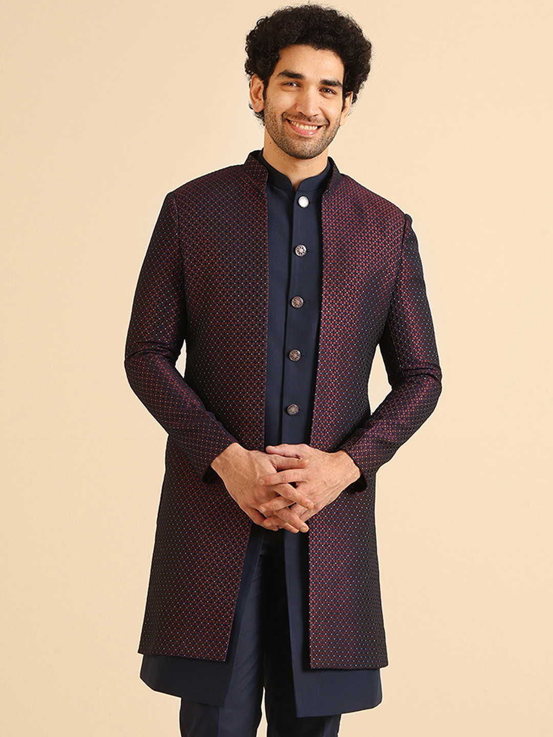 

KISAH Self Designed Mandarin Collar Longline Ethnic Sherwani, Red
