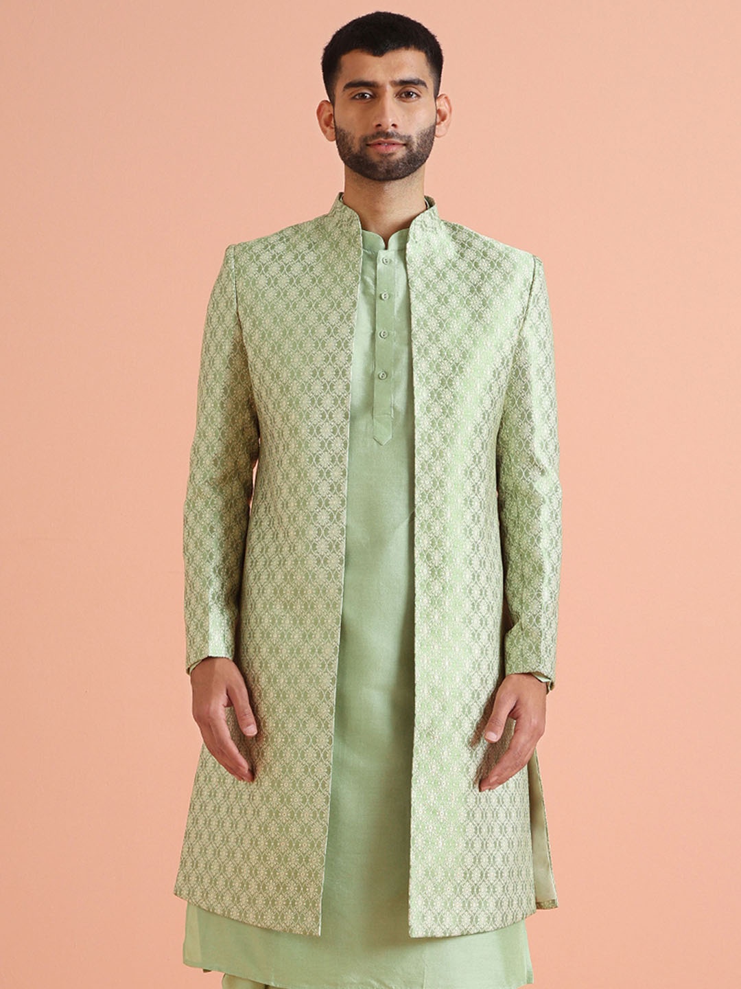

KISAH Self Designed Mandarin Collar Longline Ethnic Sherwani, Green