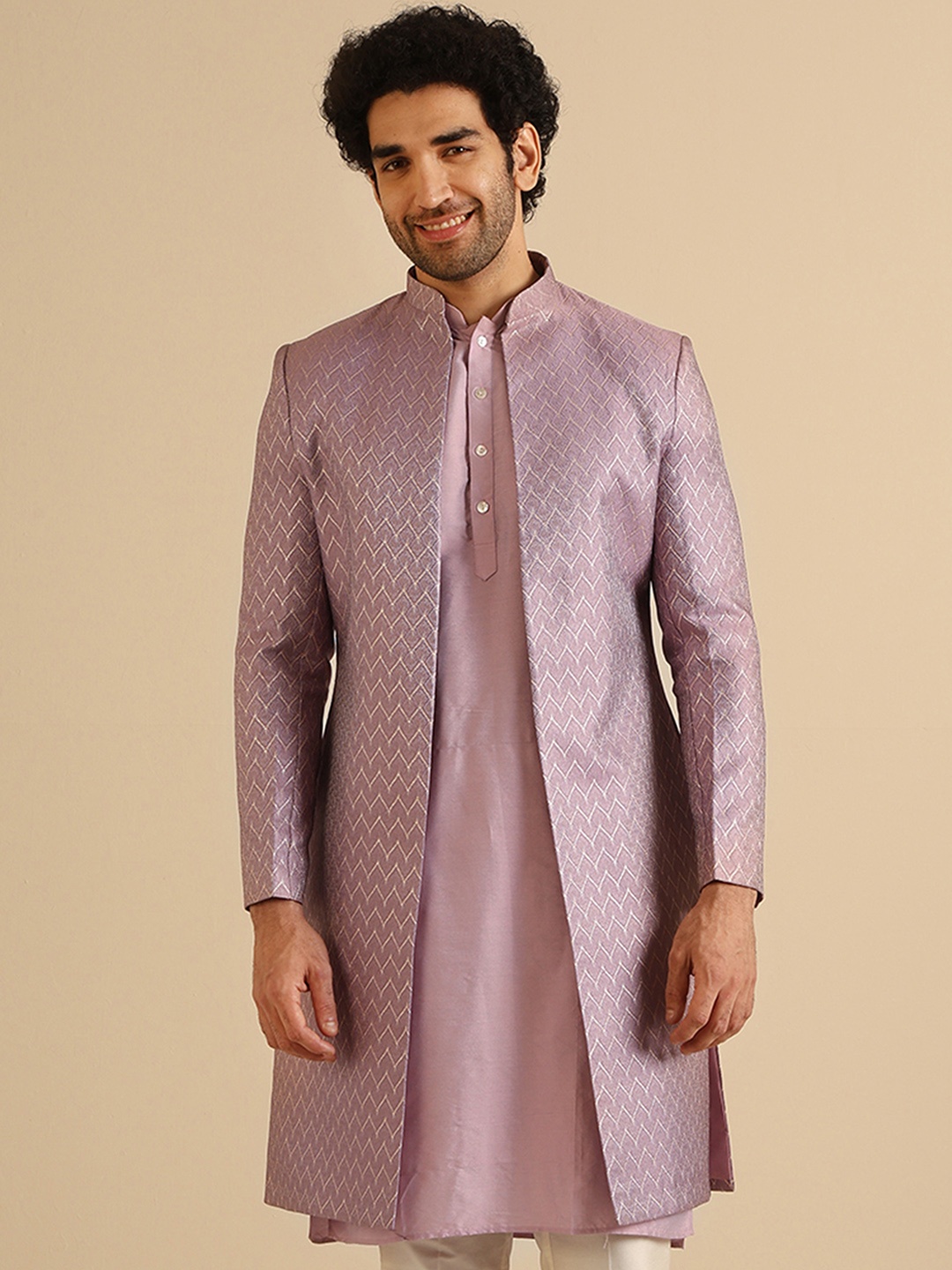 

KISAH Self Designed Mandarin Collar Longline Ethnic Sherwani, Lavender