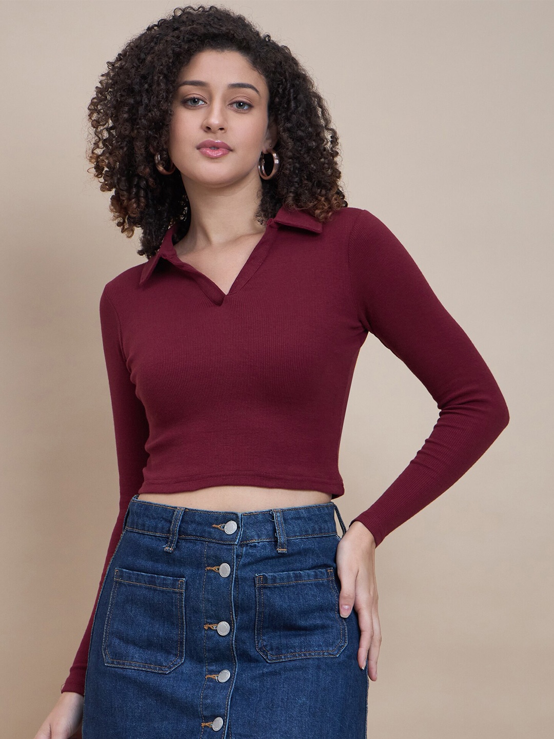 

The Roadster Lifestyle Co. Maroon Long Sleeve Shirt Collar Cropped Top