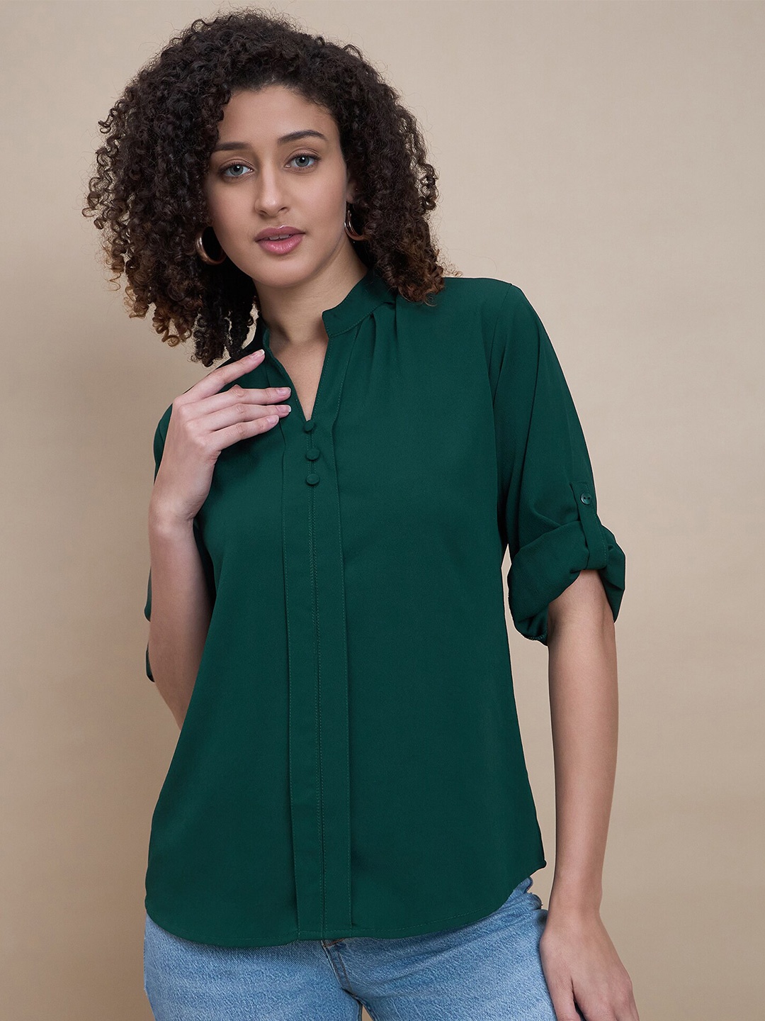 

Roadster Mandarin Collar Roll-Up Sleeves Top, Green
