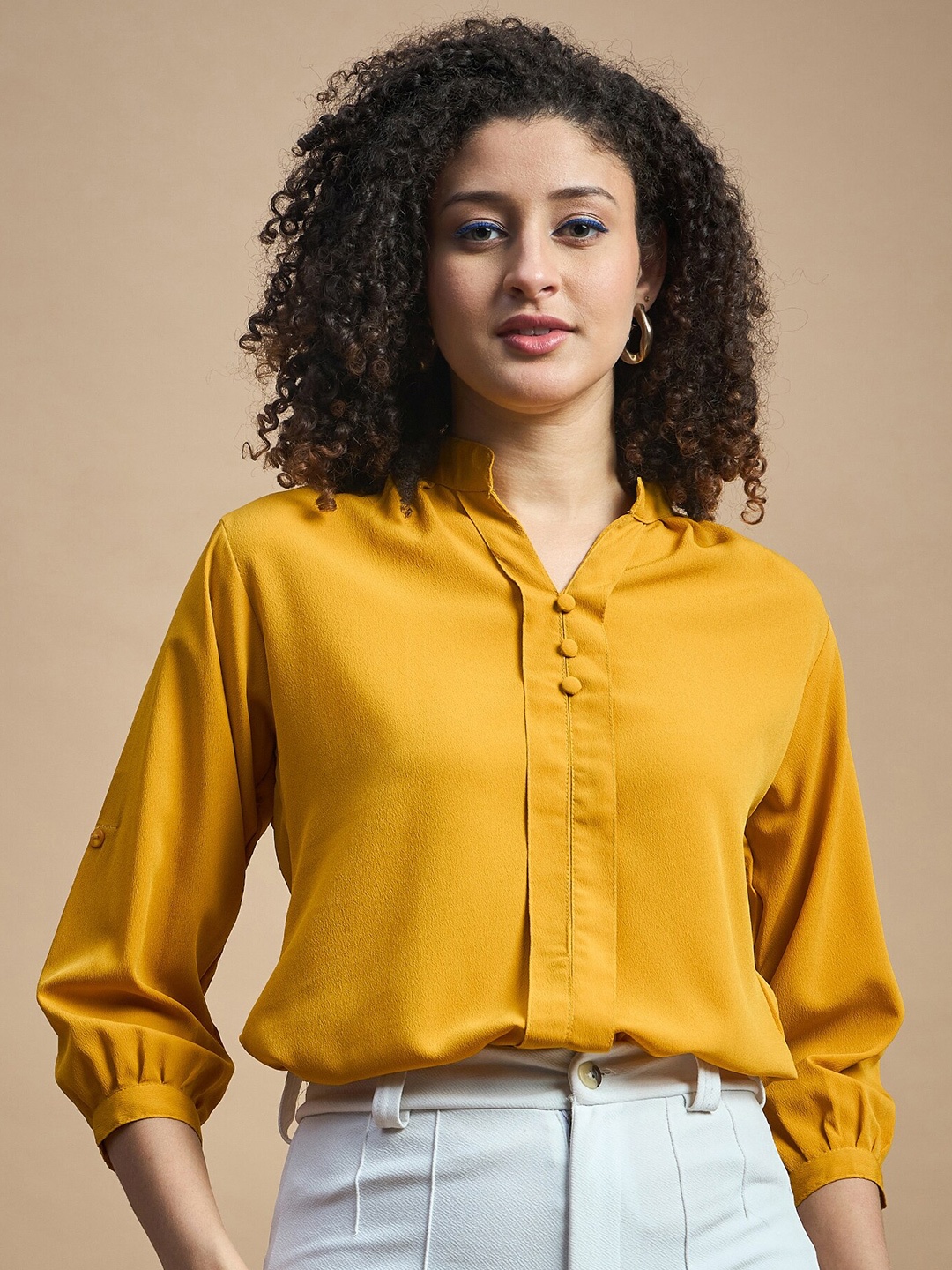 

Roadster Mandarin Collar Roll-Up Sleeves Top, Yellow