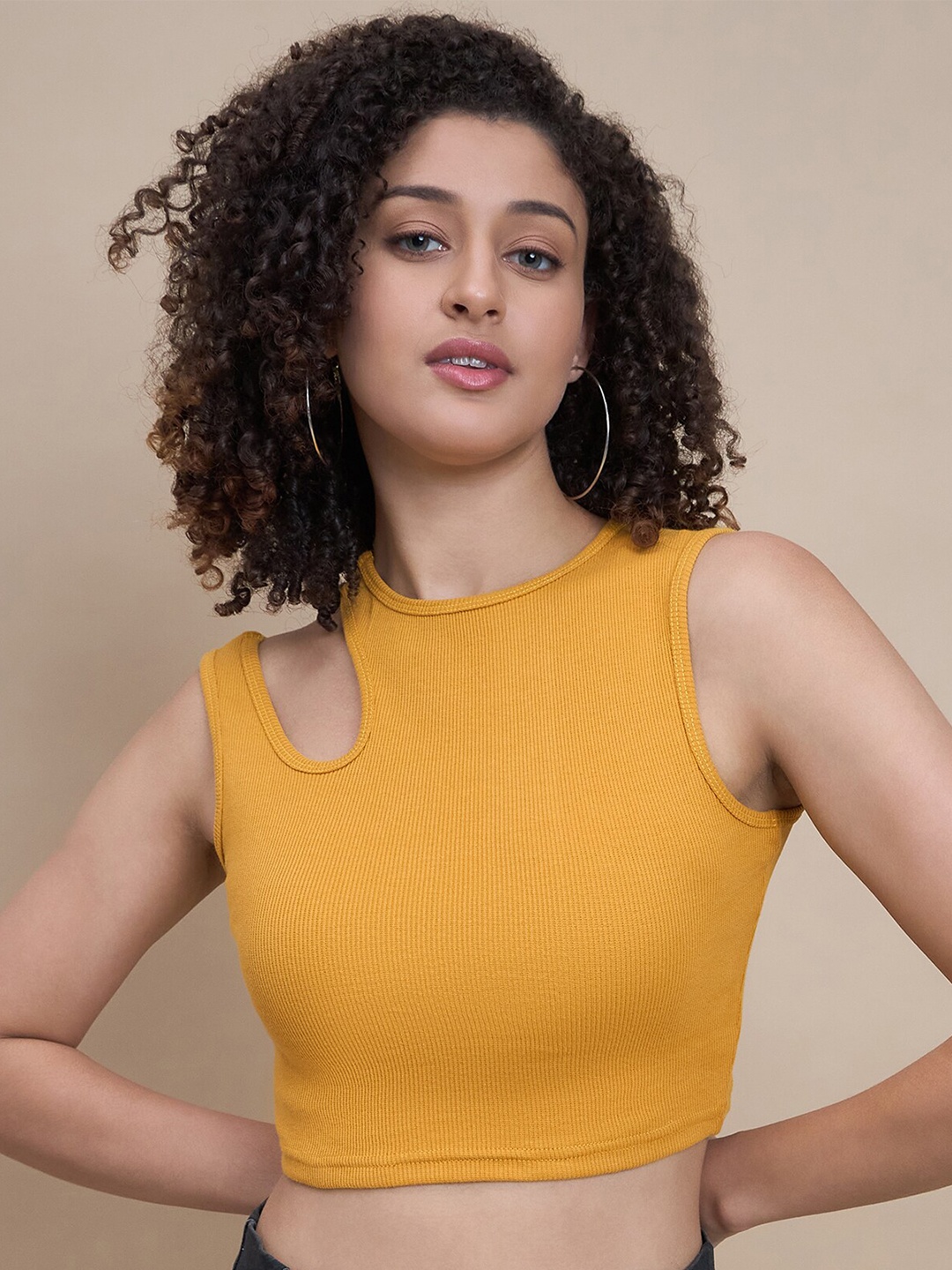 

The Roadster Lifestyle Co. Ribbed Cut Out Sleeveless Fitted Crop Top, Mustard