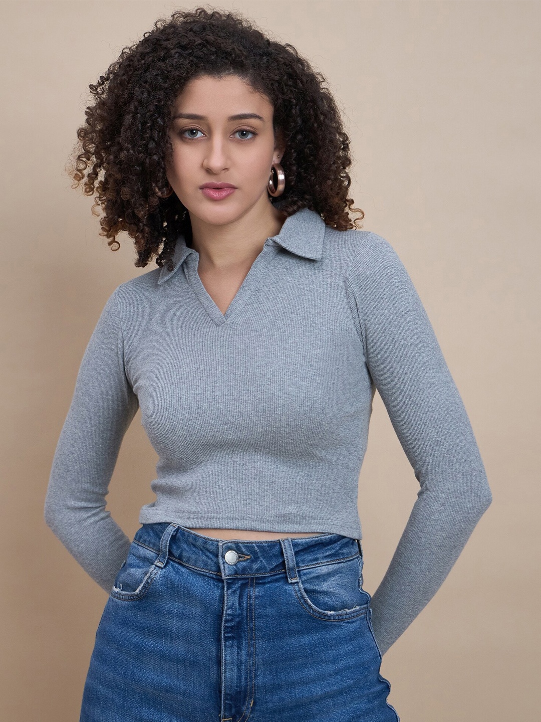 

The Roadster Lifestyle Co. Ribbed Shirt Collar Fitted Crop Top, Grey
