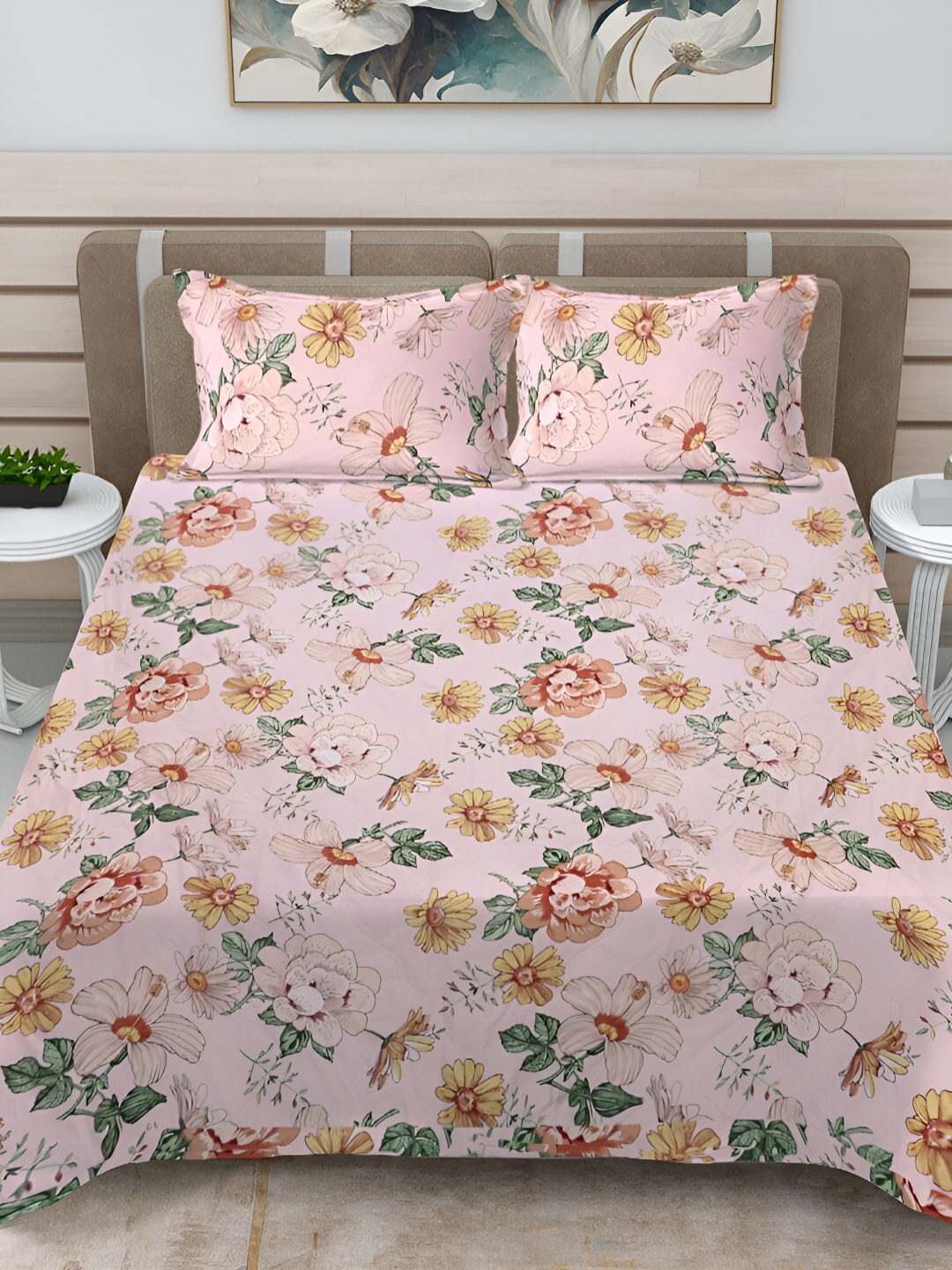 

Fabinaliv Pink & Green Floral Print Quilted Reversible King Bed Cover & 2 Pillow Covers