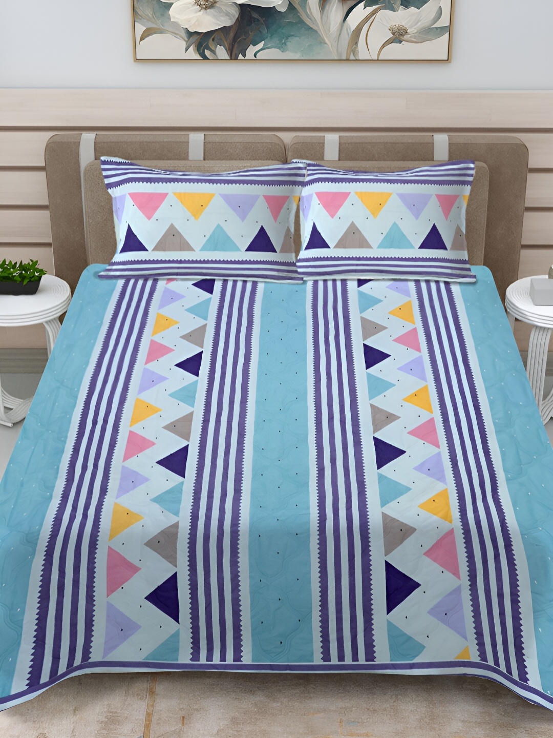 

FABINALIV Blue & Pink Geometric Print Quilted Reversible King Bed Cover & 2 Pillow Covers