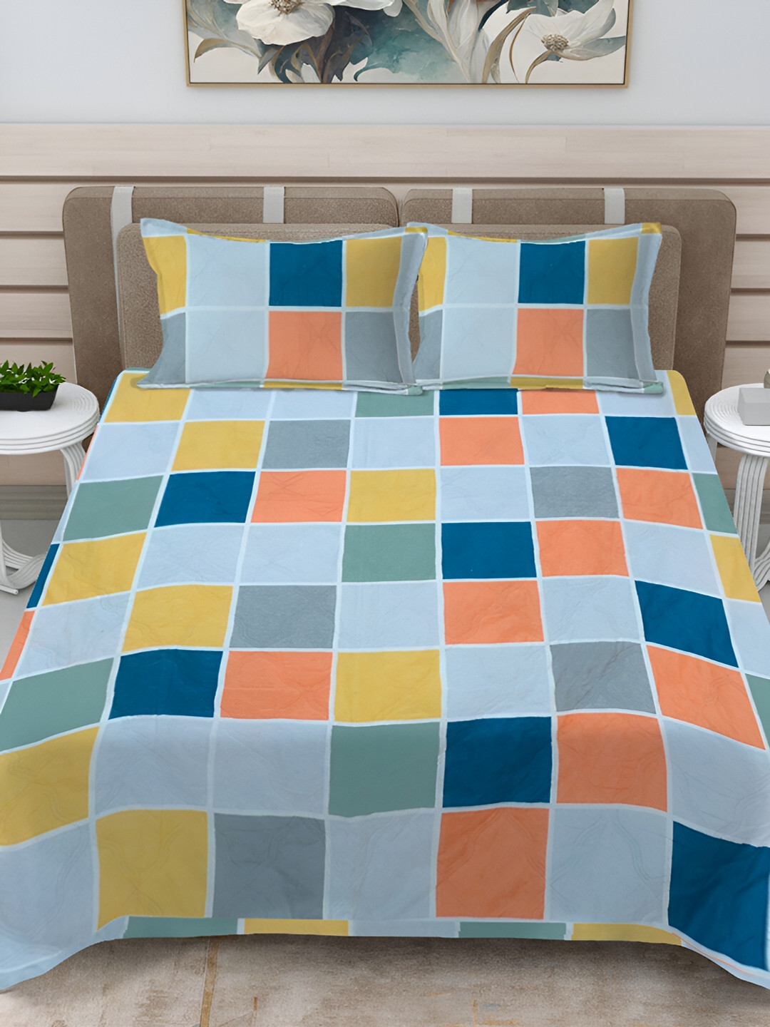 

FABINALIV Blue & Grey Geometric Print Quilted Reversible King Bed Cover & 2 Pillow Covers