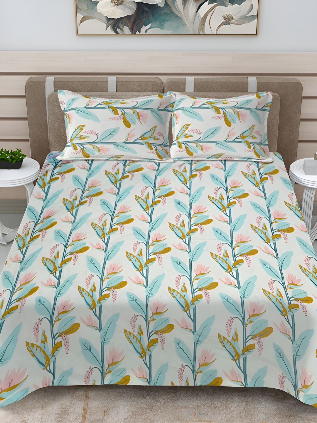 

FABINALIV White & Blue Floral Print Quilted Reversible King Bed Cover & 2 Pillow Covers