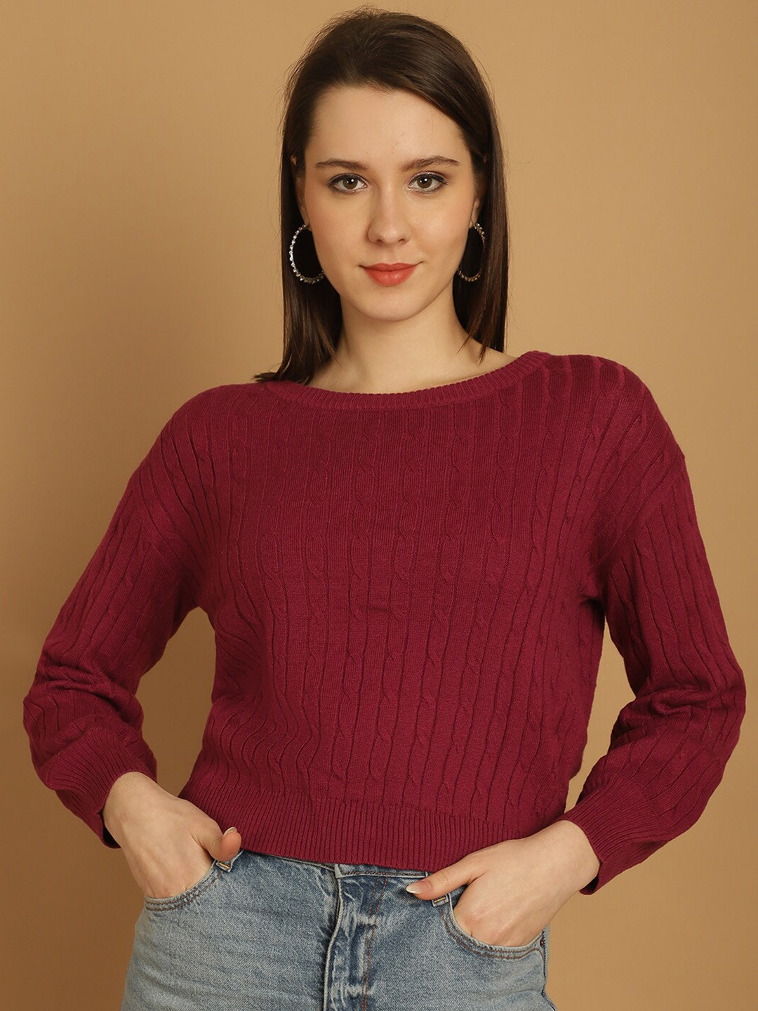 

NoBarr Cable Knit Acrylic Pullover Sweater, Maroon