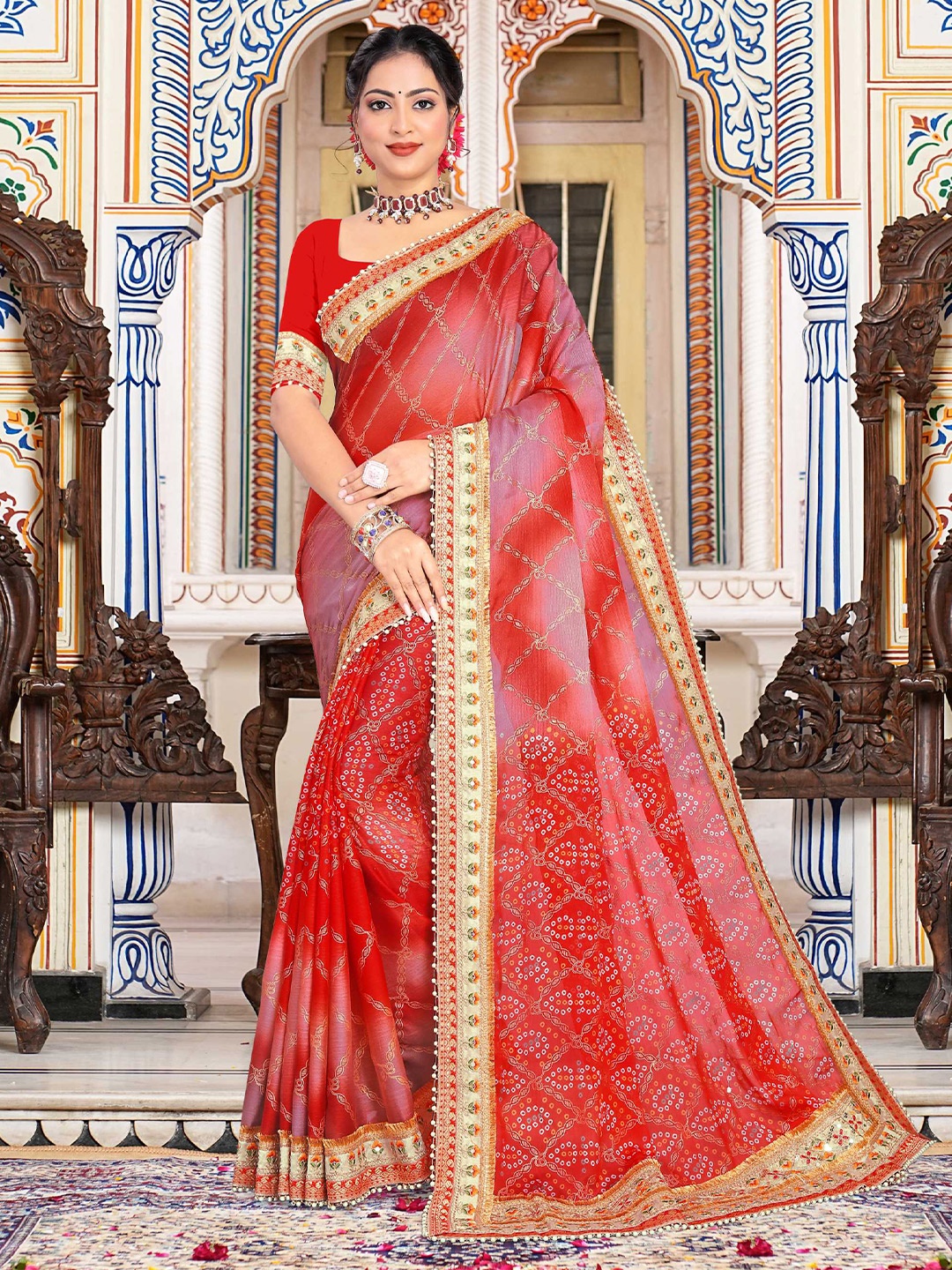 

Mitera Red Bandhani Printed Saree