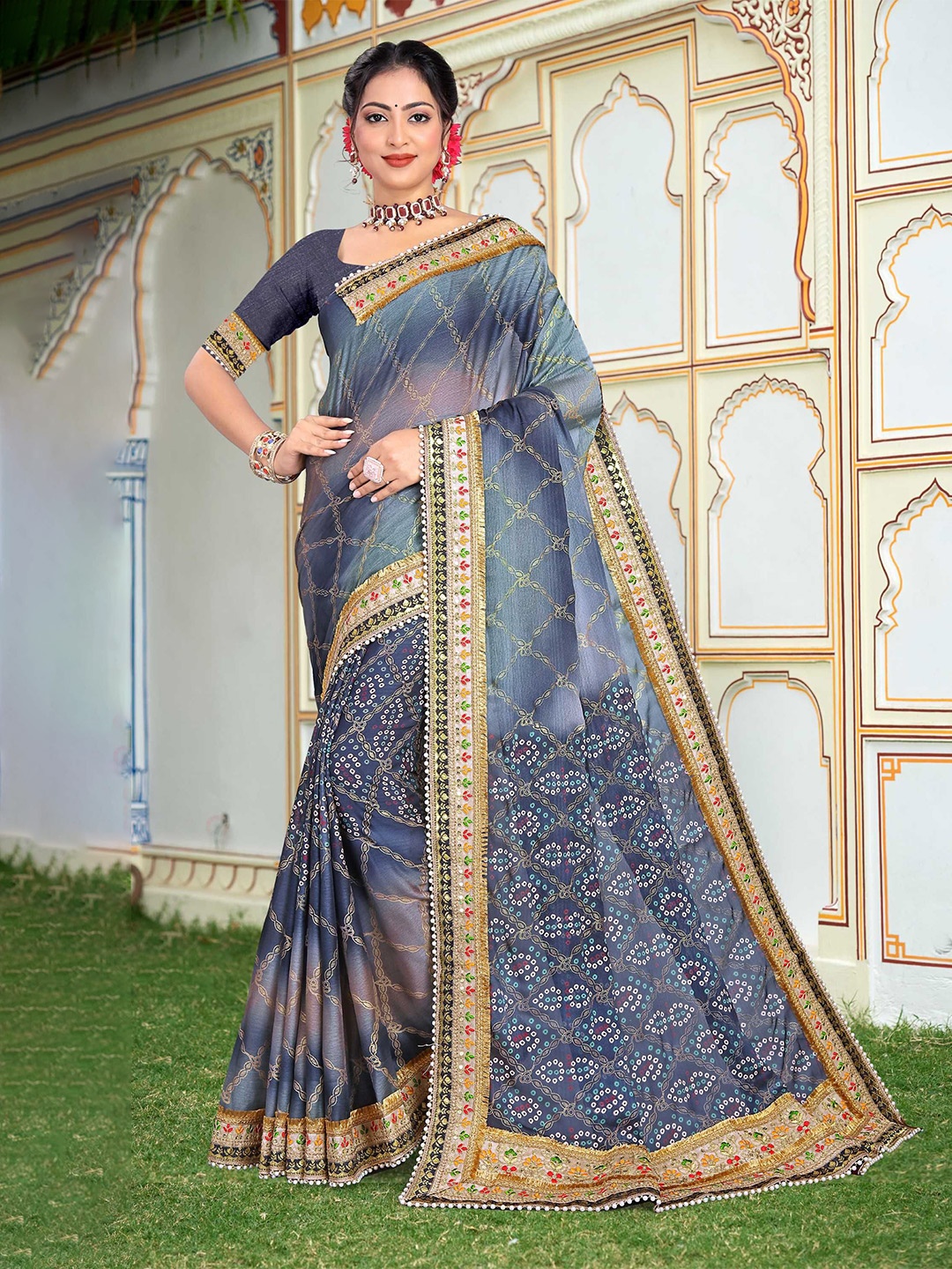 

Mitera Grey Bandhani Printed Embroidered Saree