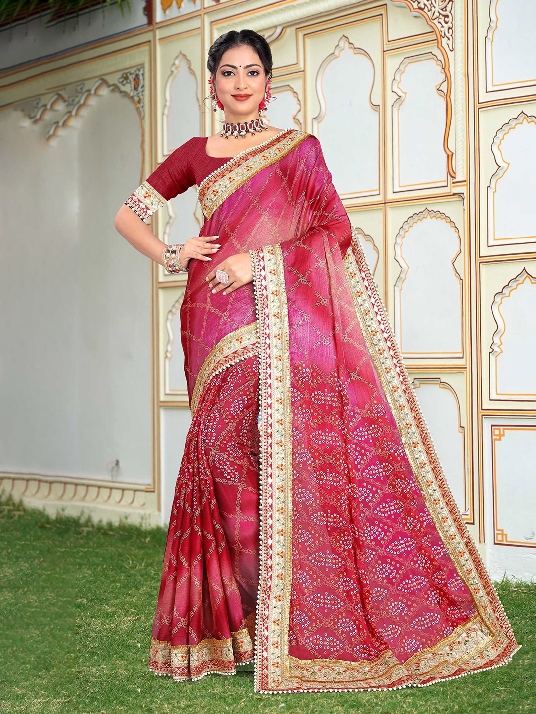 

Mitera Pink Bandhani Printed Embroidered Saree