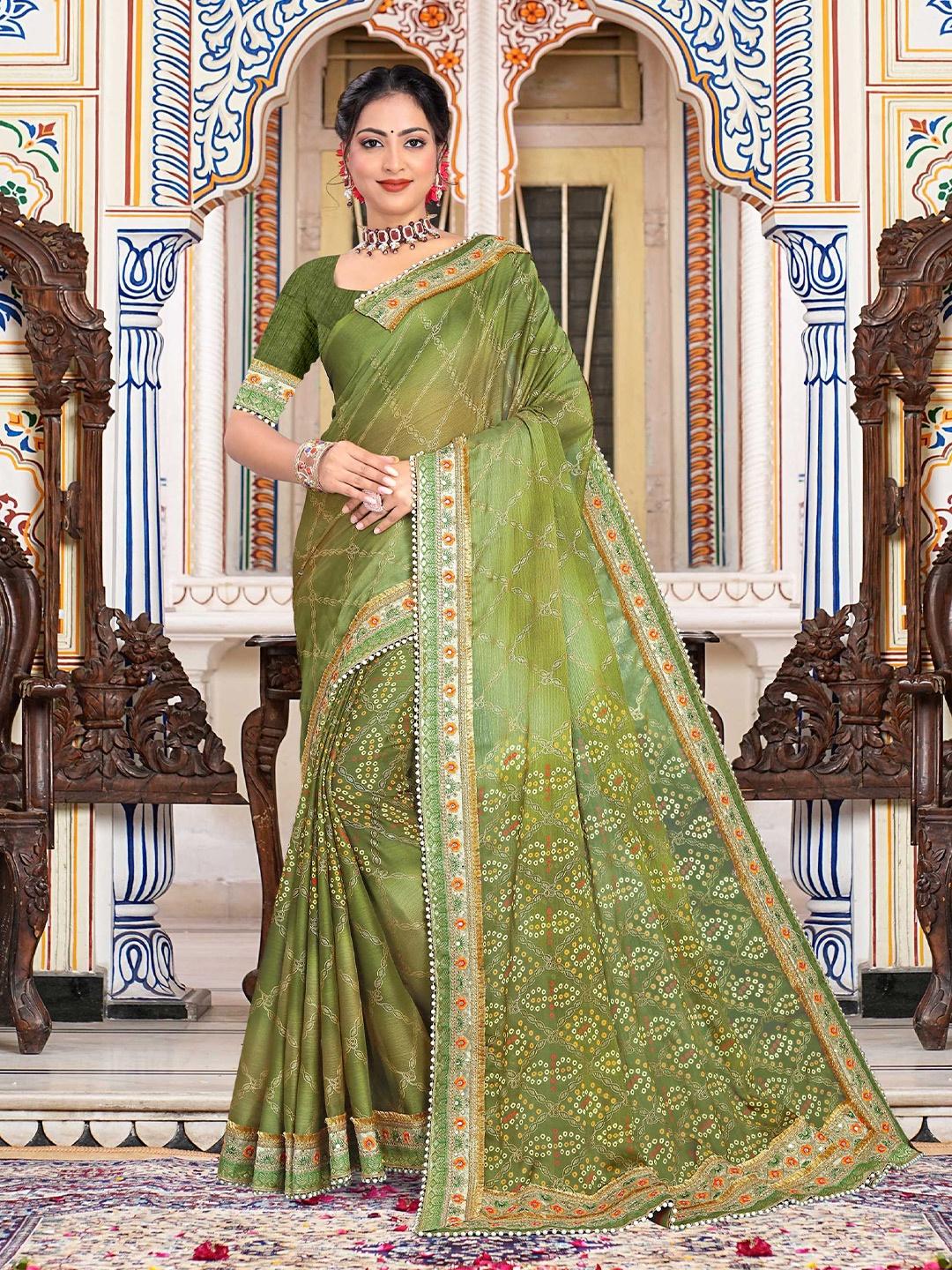 

Mitera Bandhani Printed Saree, Green