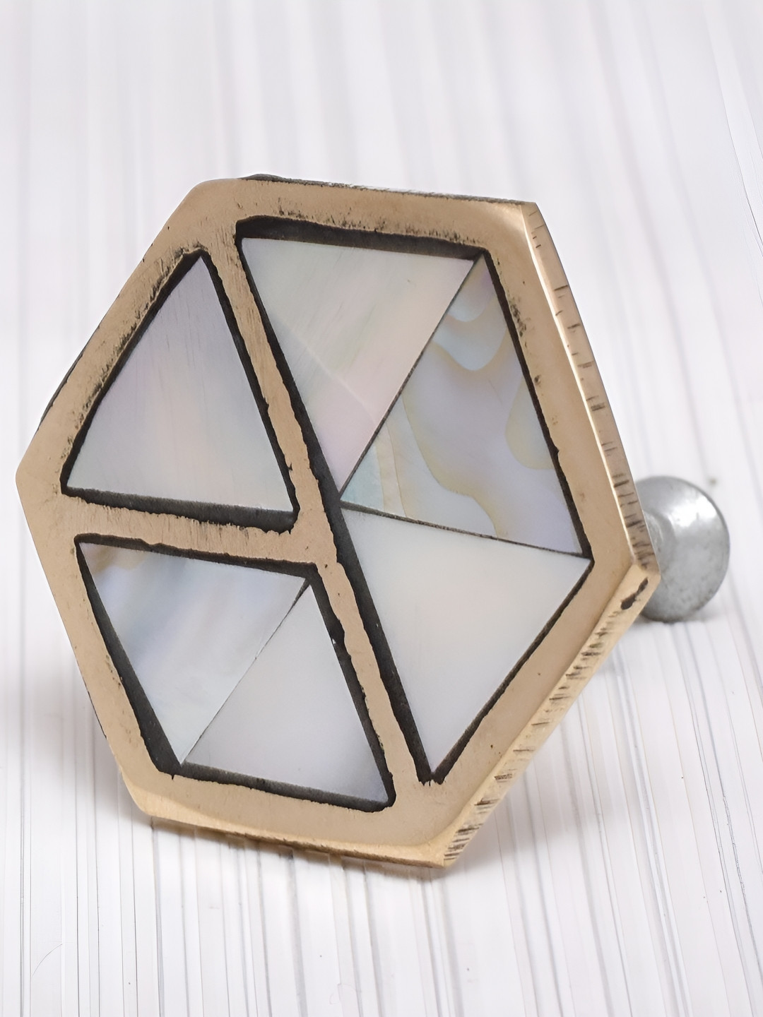 

Indianshelf Hexagon Mother of Pearl & Brass Decorative Wardrobe Knob, Gold