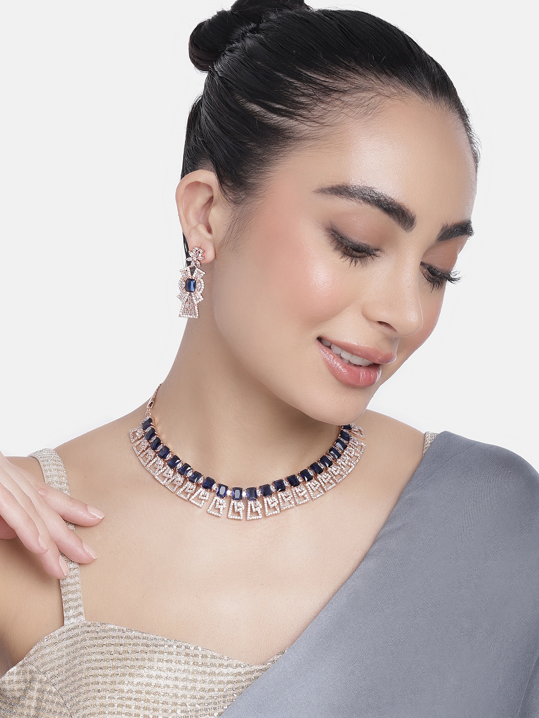 

Estele Rose Gold-Plated CZ-Studded Jewellery Set, Navy blue