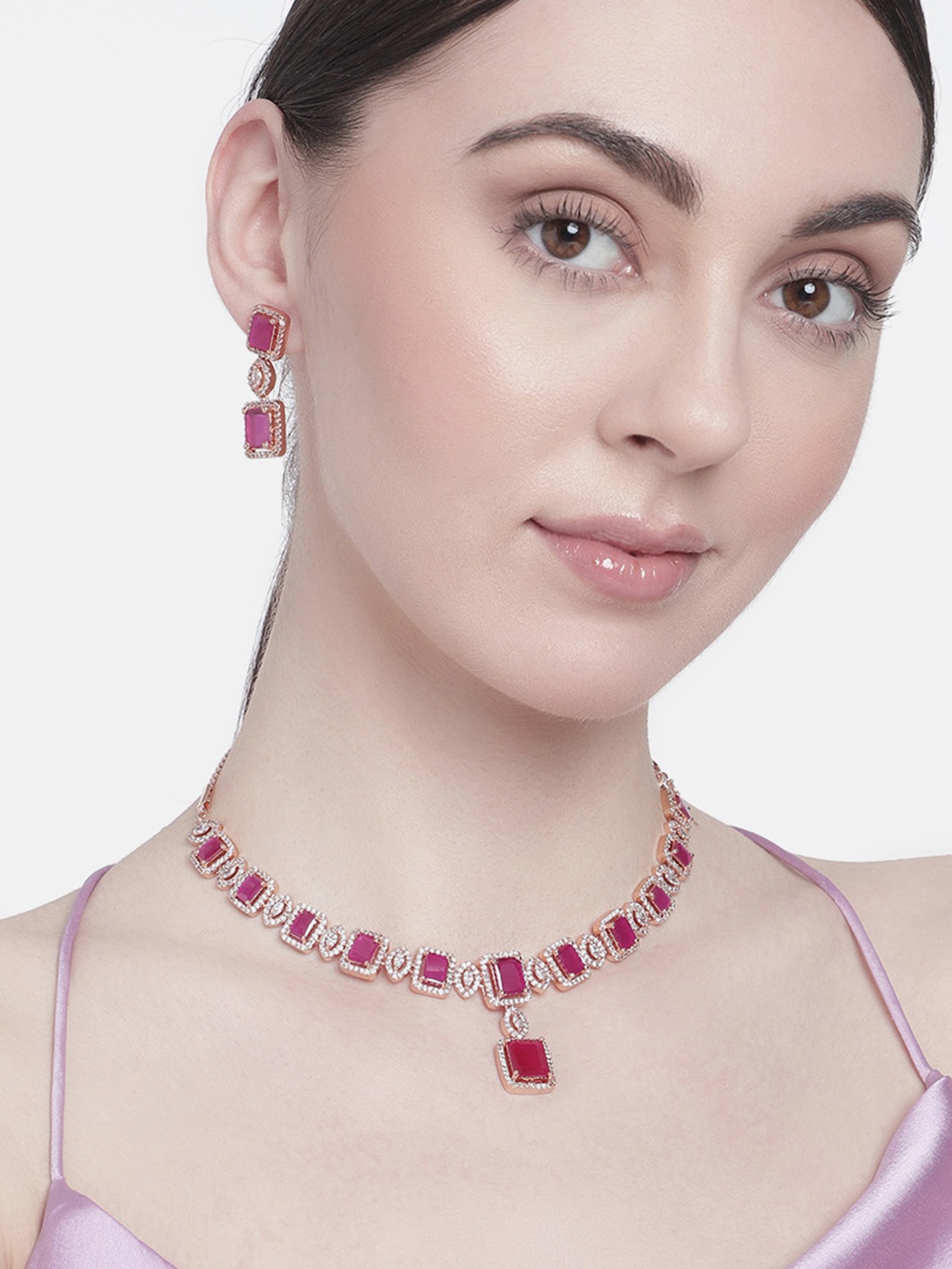 

Estele Rose Gold-Plated CZ-Studded Jewellery Set, Pink