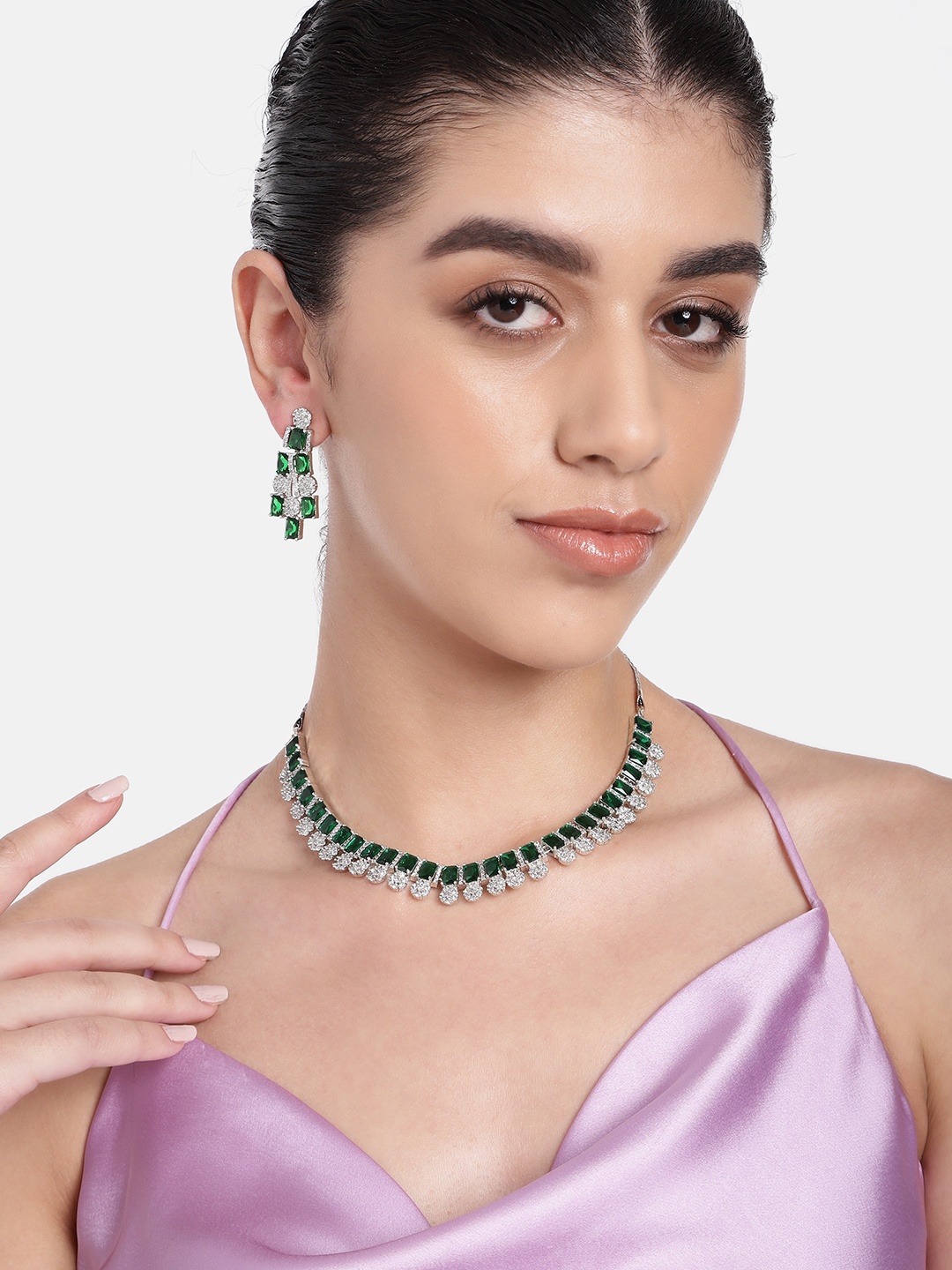 

Estele Rhodium-Plated Cubic Zirconia Jewellery Set, Green