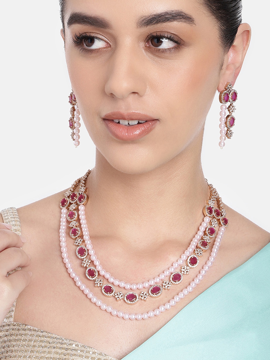

Estele Rose Gold-Plated CZ-Studded Jewellery Set, Red