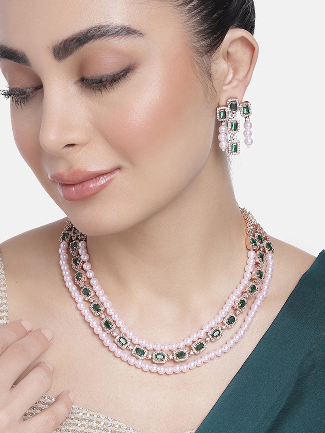 

Estele Rose Gold-Plated Cubic Zirconia Jewellery Set, Green