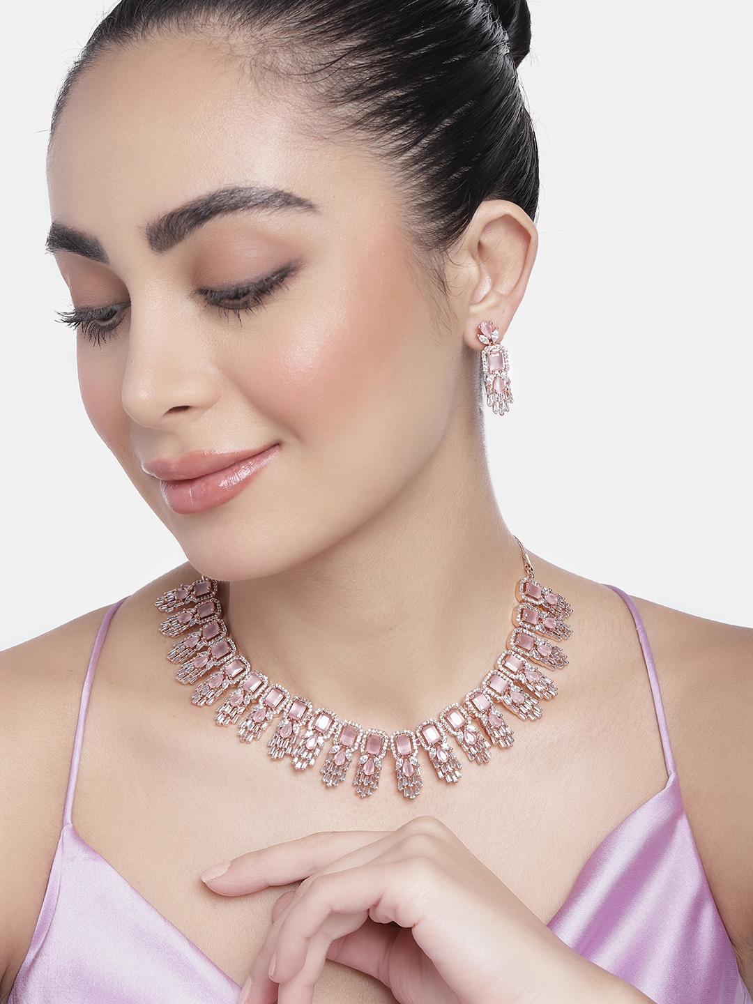 Estele Rose Gold-Plated CZ-Studded Jewellery Set, Pink