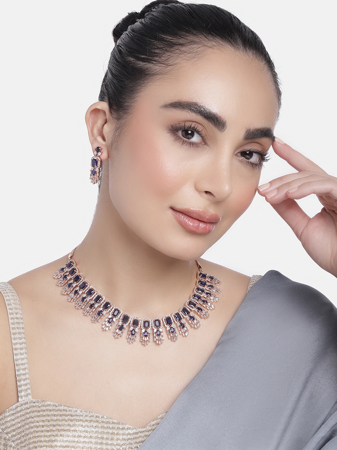 

Estele Rose Gold-Plated CZ-Studded Jewellery Set, Navy blue