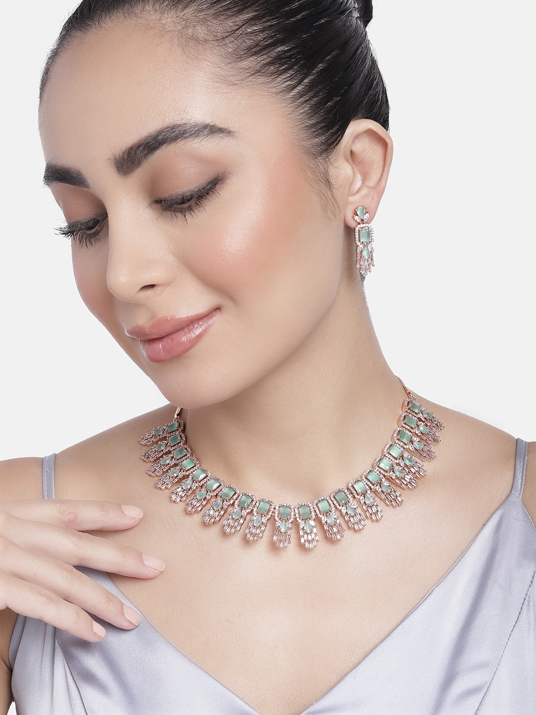 

Estele Rose Gold-Plated CZ-Studded Jewellery Set, Green