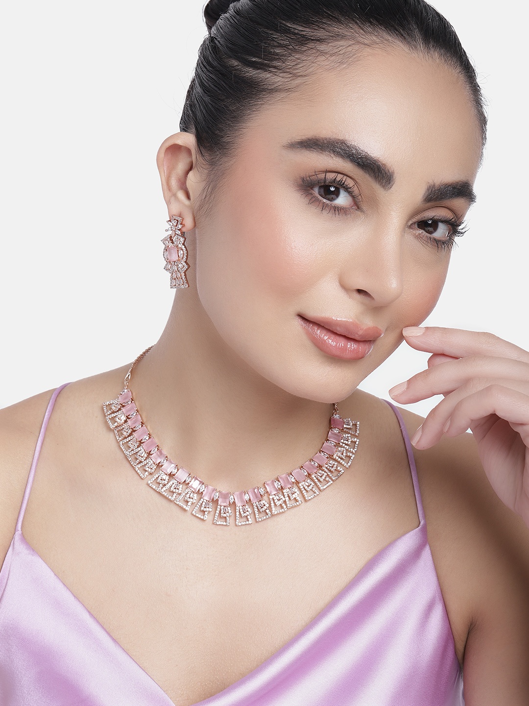 

Estele Rose Gold-Plated CZ-Studded Jewellery Set, Pink