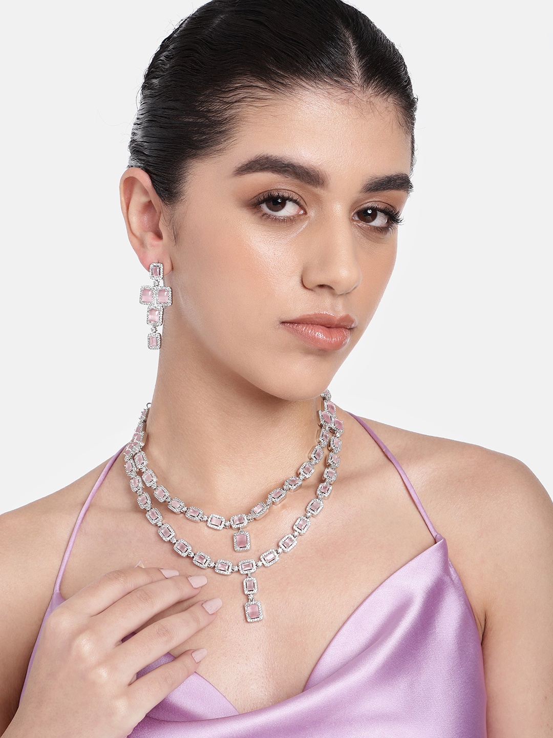 

Estele Rhodium-Plated Cubic Zirconia Jewellery Set, Pink