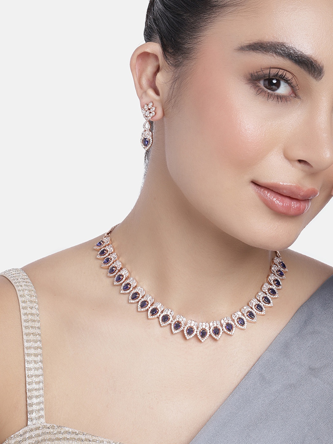 

Estele Rose Gold-Plated CZ-Studded Jewellery Set, Navy blue