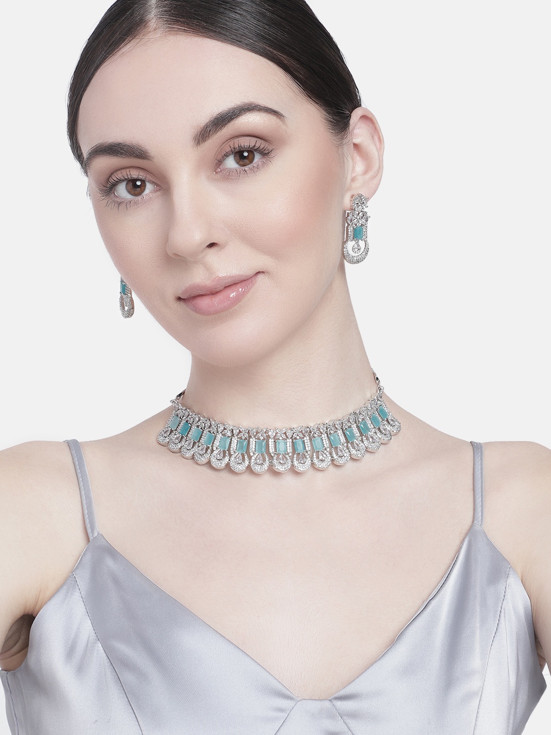 

Estele Rhodium-Plated CZ-Studded Jewellery Set, Turquoise blue