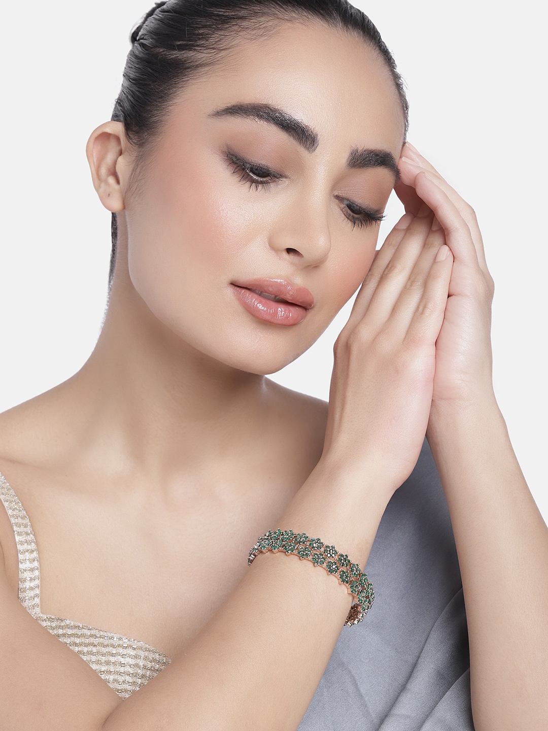 

Estele Women Set of 2 Floral Rose Gold-Plated Cubic Zirconia Bangles, Green