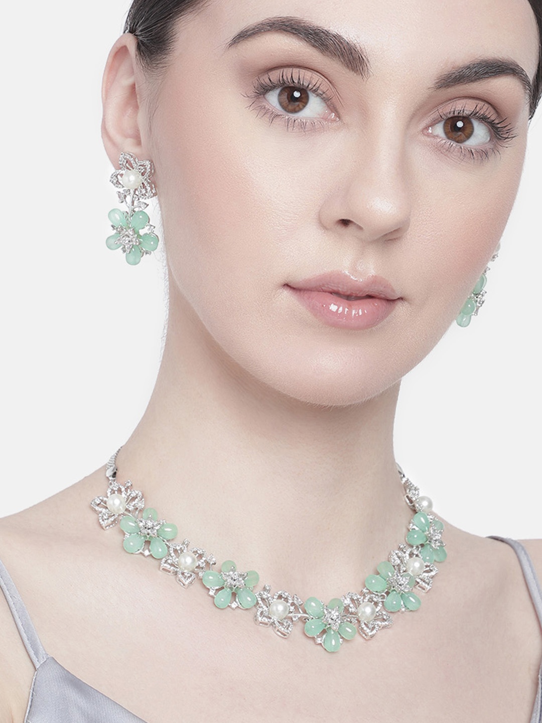 

Estele Rhodium-Plated Floral Cubic Zirconia Jewellery Set, Green
