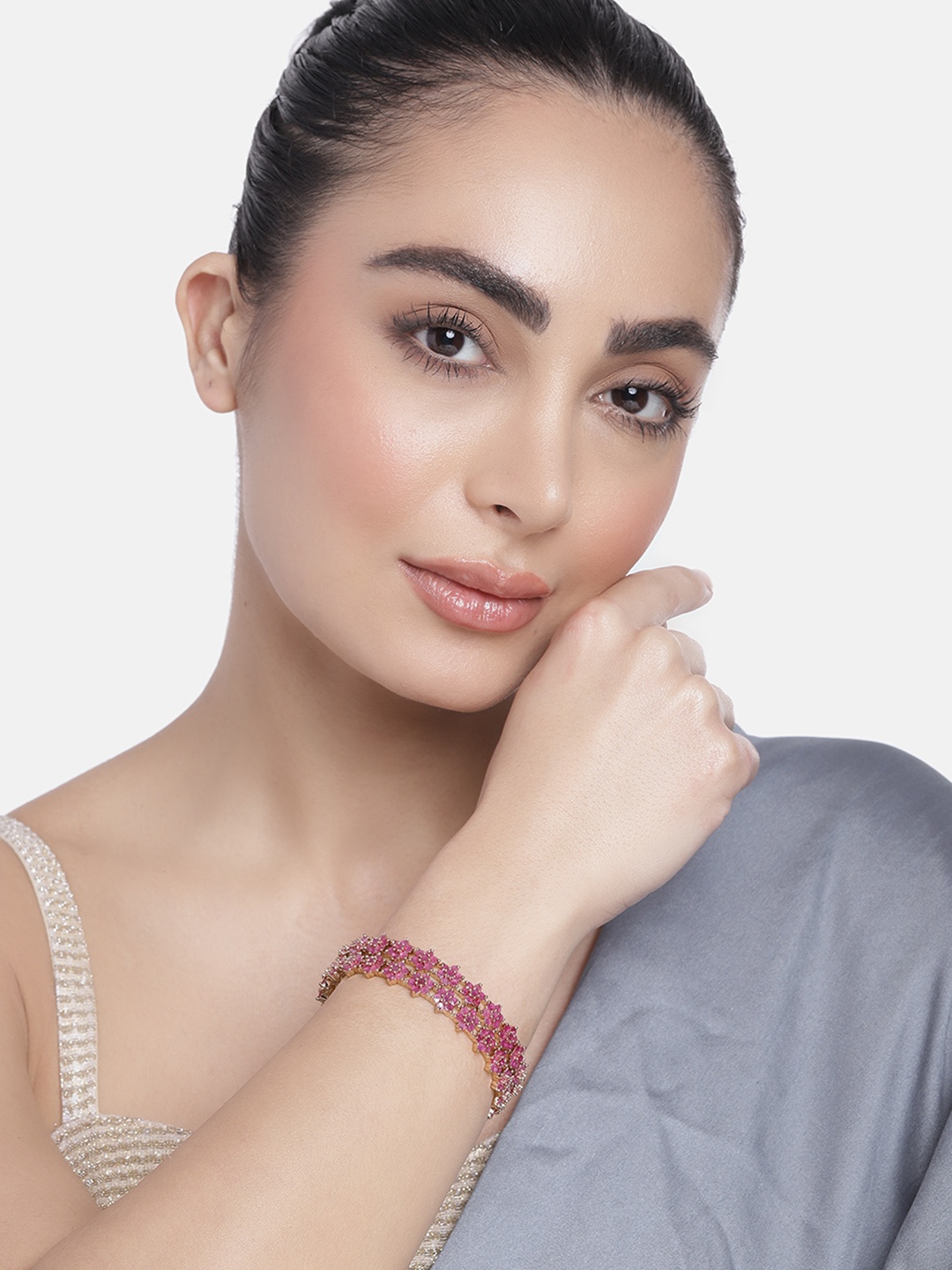 

Estele Women Set of 2 Floral Rose Gold-Plated Cubic Zirconia Bangles, Red