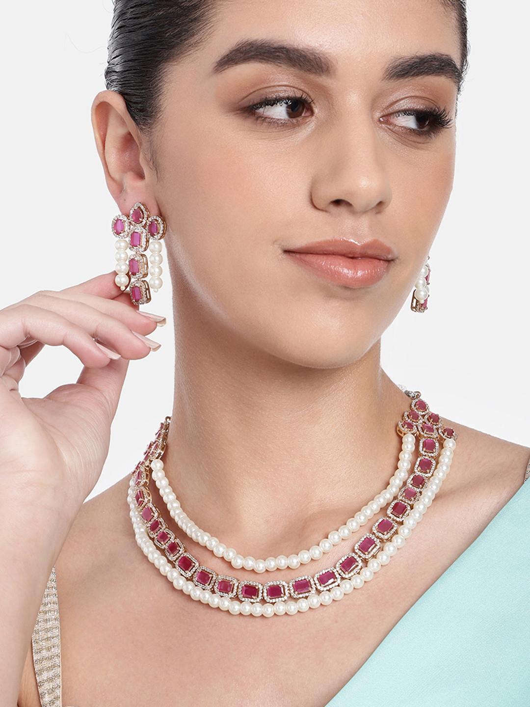 

Estele Rose Gold-Plated CZ-Studded Jewellery Set, Red
