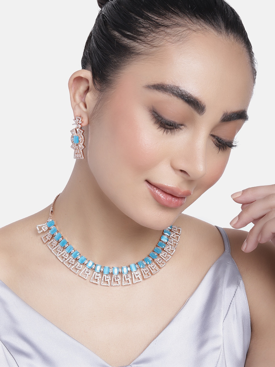 

Estele Rose Gold-Plated CZ-Studded Jewellery Set, Turquoise blue